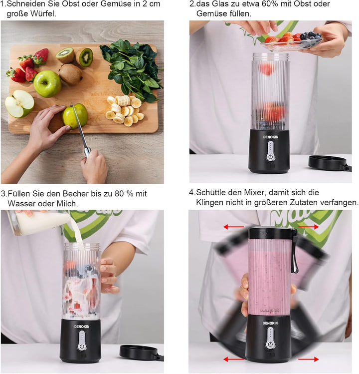 DENOKIN Tragbarer Mixer to Go/Blender/Smoothie Maker, 450ml Becher, Kabellos & USB-C Wiederaufladbar