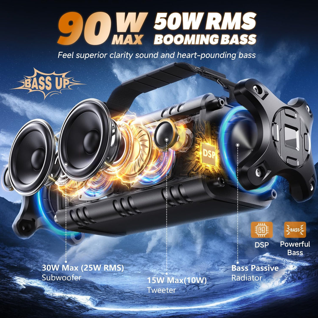 Bluetooth Lautsprecher, W-KING 50W Musikbox mit Enormer Bass/EQ/Powerbank/24H Akku/Wasserdicht IPX6