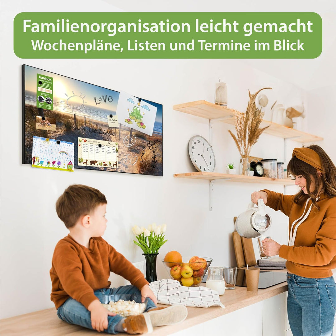 banjado Magnettafel schwarz 78 x 37cm / Magnetwand Metall/Magnetpinnwand als Memoboard/Pinnwand Magn