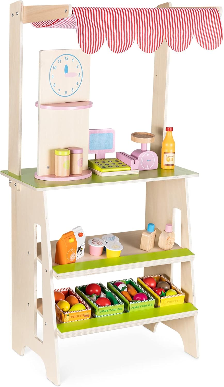 Navaris Holz Supermarkt für Kinder - Spielzeug Kaufladen inkl. Obst Gemüse Lebensmittel aus Holz - V
