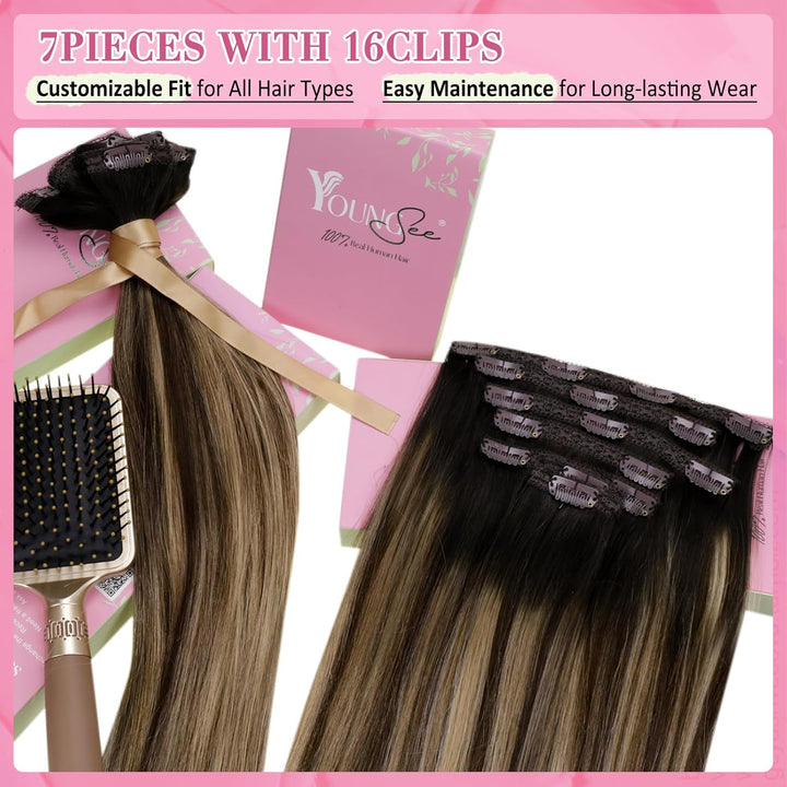 YoungSee Clip in Extensions Balayage Schwarz Echthaar Extensions Clip Schwarz Ombre Braun Blond Clip