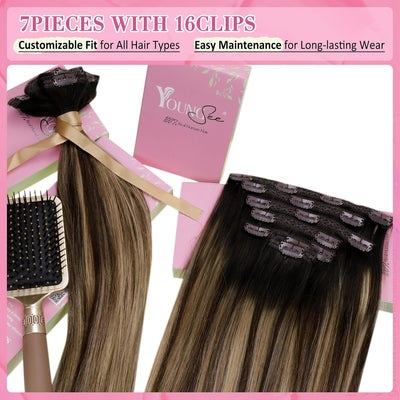 YoungSee Clip in Extensions Balayage Schwarz Echthaar Extensions Clip Schwarz Ombre Braun Blond Clip