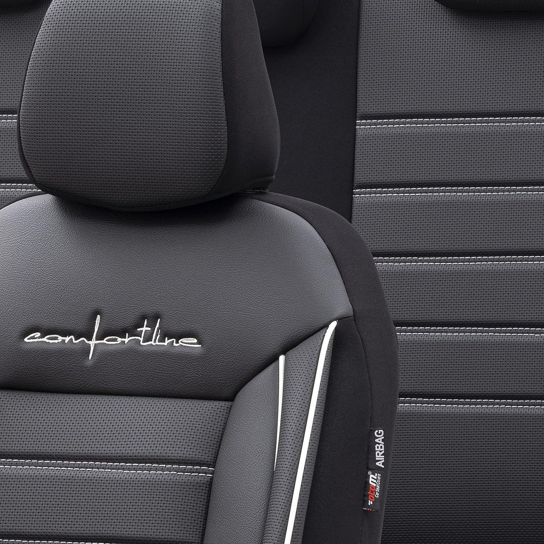 Universelle Leder/Stoff Sitzbezüge 'Comfortline' Schwarz/Grau + Weisses Rand - 11-Teilig- - kompatib
