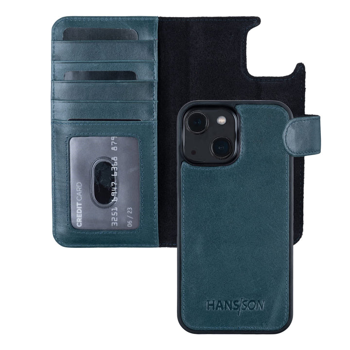 HANS/SON Hülle aus Echtleder kompatibel mit iPhone 13, Petrol, Lederhülle mit Kartenfächern, abnehmb