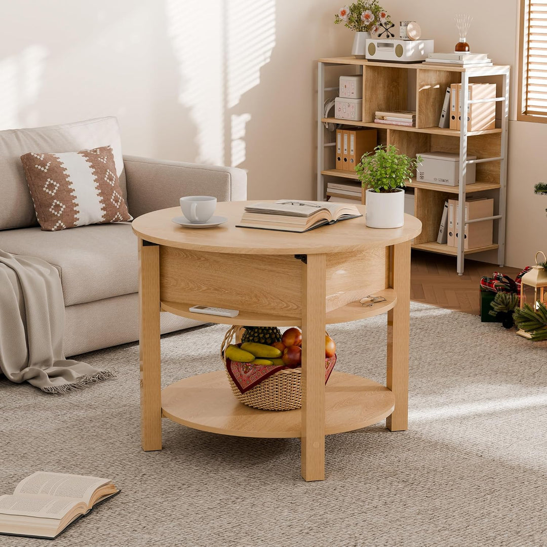 ELUCHANG Couchtisch Rund mit Hebeplatte, Couchtisch Höhenverstellbarer 2 in 1, Beistelltisch Wohnzim