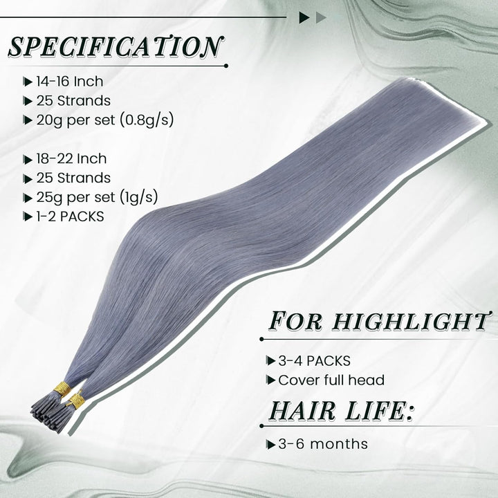 RUNATURE Bonding Extensions Echthaar I Tip GrauBlau 35cm Remy Keratin Extensions Echthaar 20g Bondin