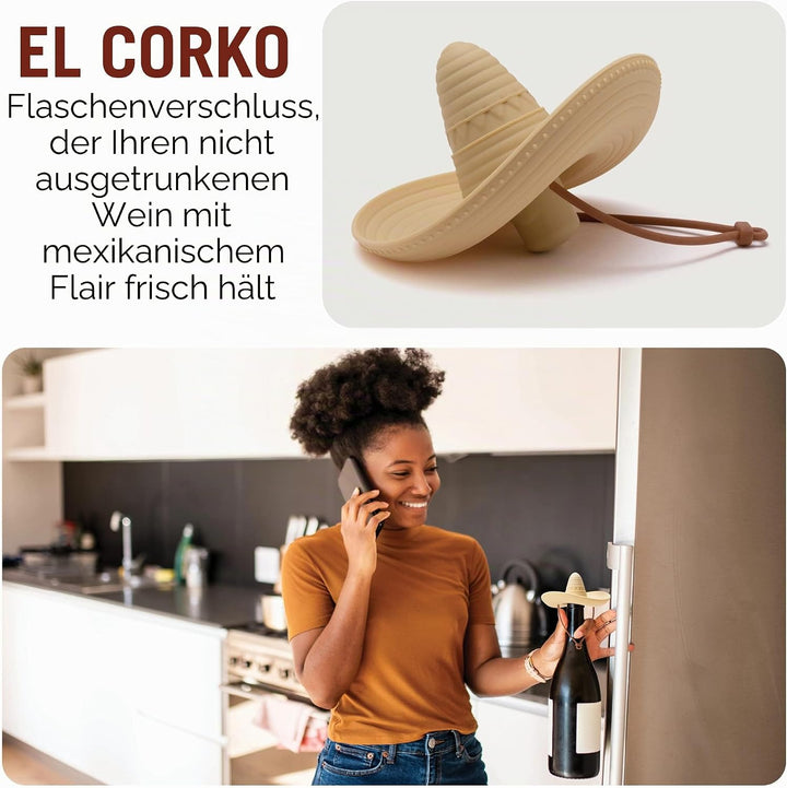 Elcorko Silikon-Weinstopfen mit Sombrero-Design, hält Wein frisch, 3 Stück Elcorko - Pack Of 3, Elco