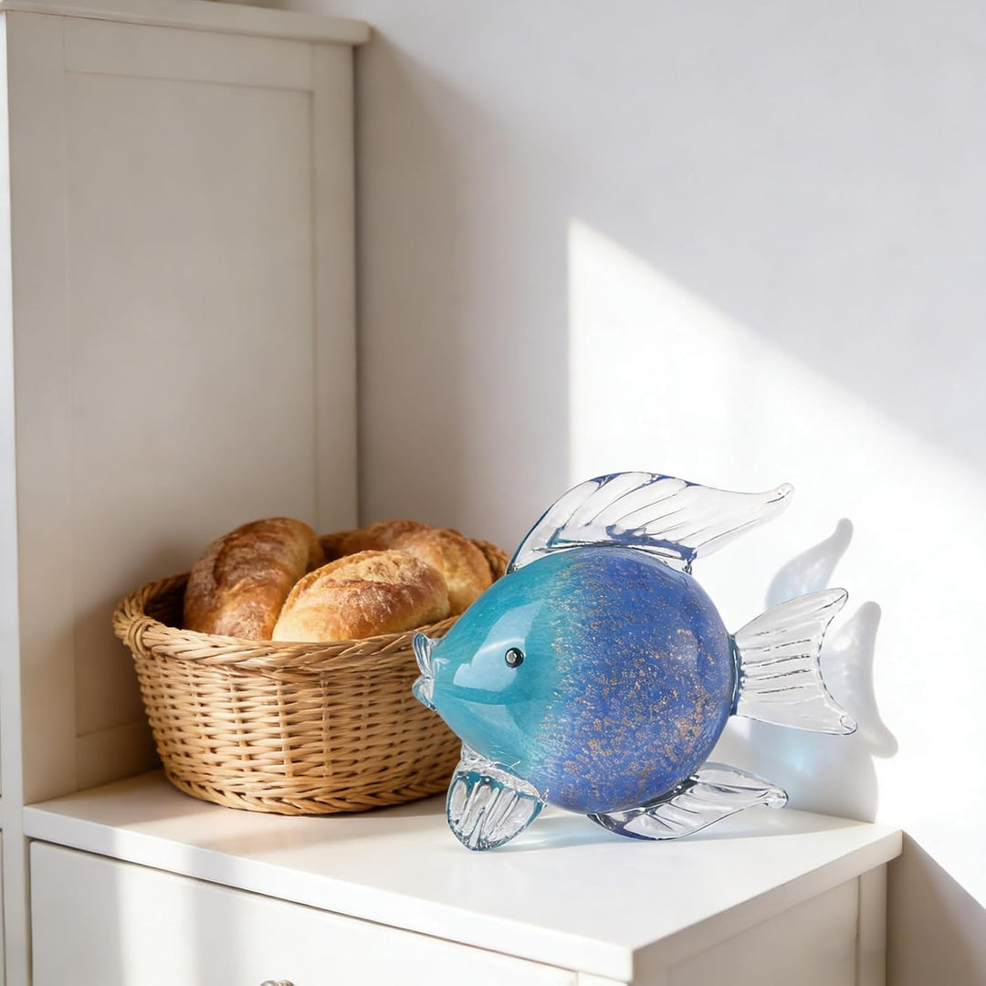 oliruim Blaue Glas-Fischkunst-Dekoration, mundgeblasene Glasfisch-Figur, Kunst-Briefbeschwerer-Kolle