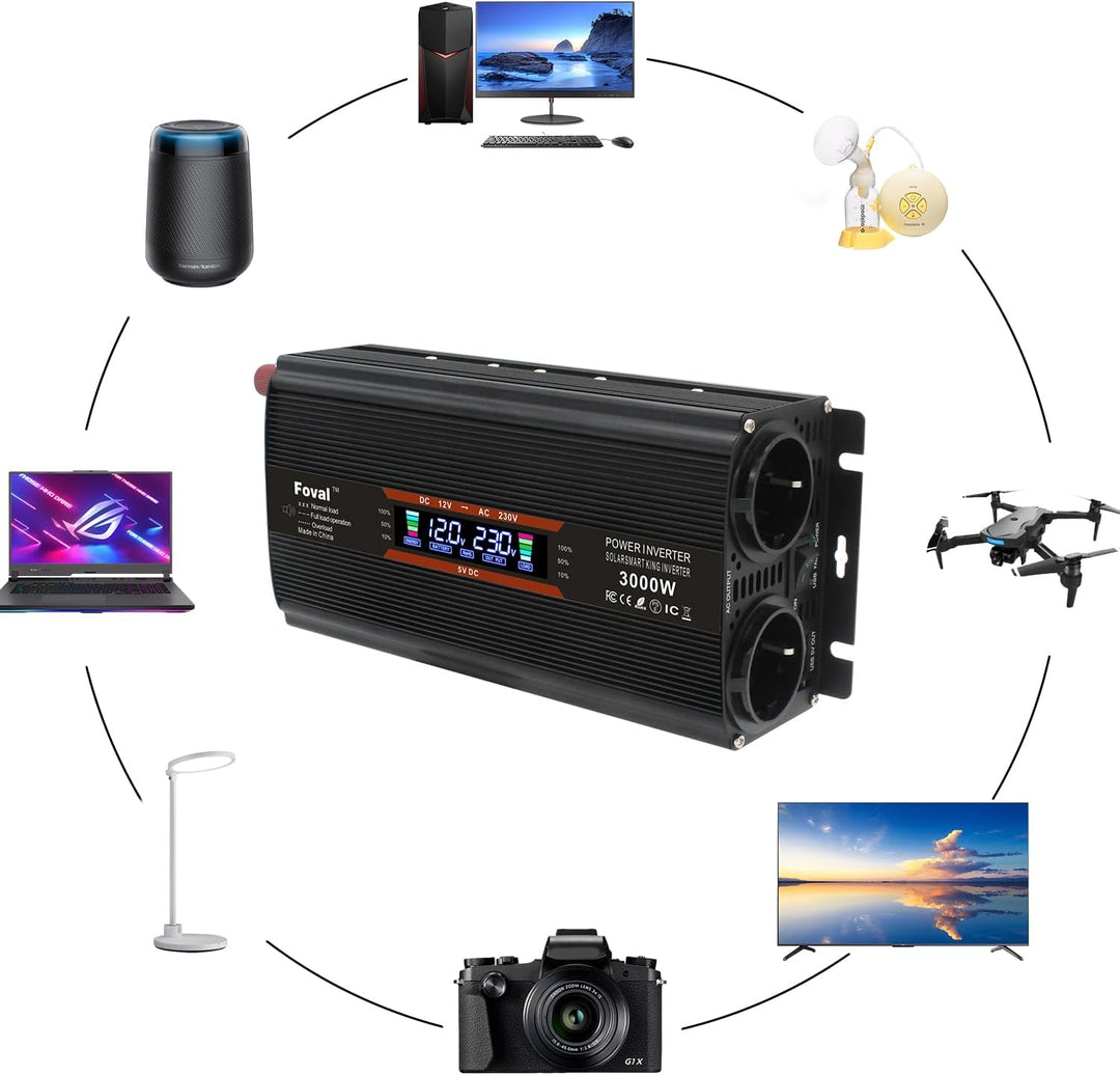 Yinleader 1500W /3000W 12V/24V auf 230V Wechselrichter Big LCD 2 EU Steckdosen 1 USB Spannungswandle