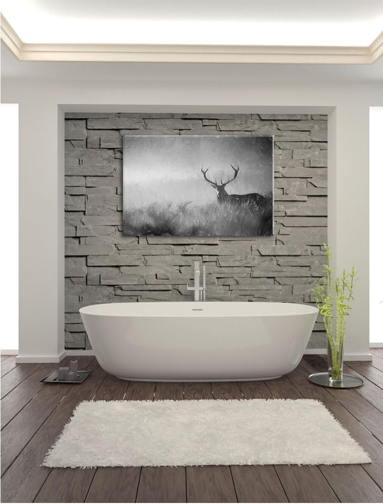 Pixxprint Rotwild Hirsch im Nebel Kunst als Leinwandbild/Grösse: 100x70 cm/Wandbild/Kunstdruck/ferti