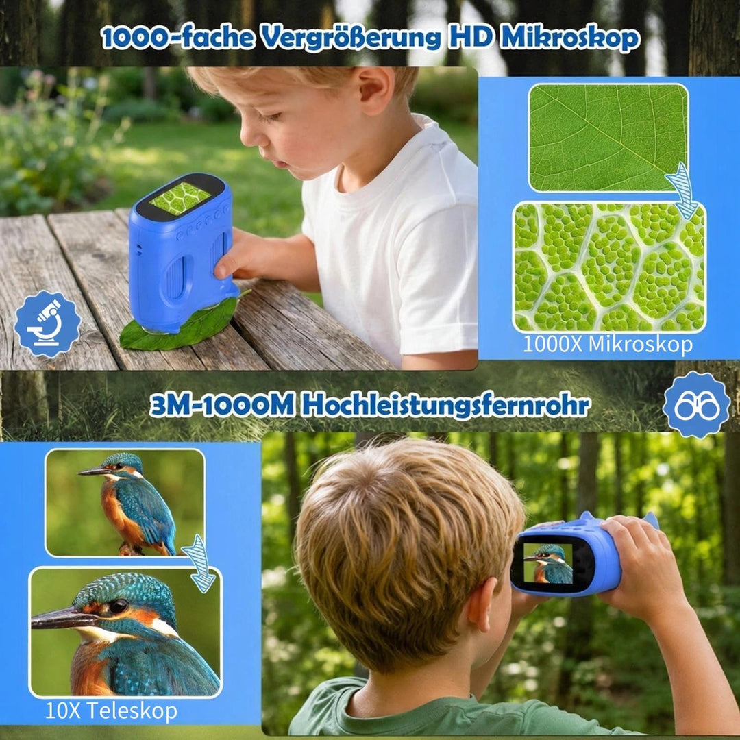 2 in 1 Mikroskop für Kinder und Fernglas Kinder, 2,0" IPS HD Mikroskop, 1000x Vergrösserung Teleskop