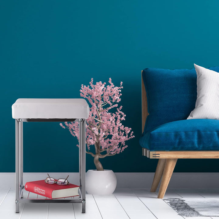 Relaxdays, weiss Hocker gepolstert, Kleiner Sitzhocker, Quadratisch, Polsterhocker mit Ablage, Badho