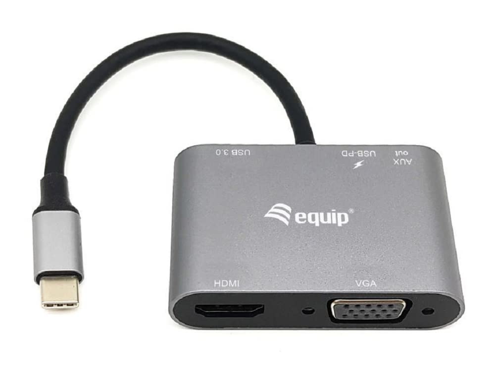Equip 133483 USB-C Multifunktionsadapter 5-in-1-USB-C-zu-HDMI/VGA/USB 3.0/AUX/USB-C PD-Multiport-Ada