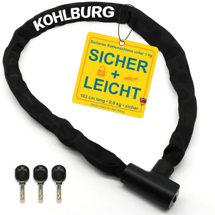 KOHLBURG Kettenschloss Fahrrad [103cm lang, 6mm starke Titan-Stahl Kette] - zuklickbares Fahrrad Sch
