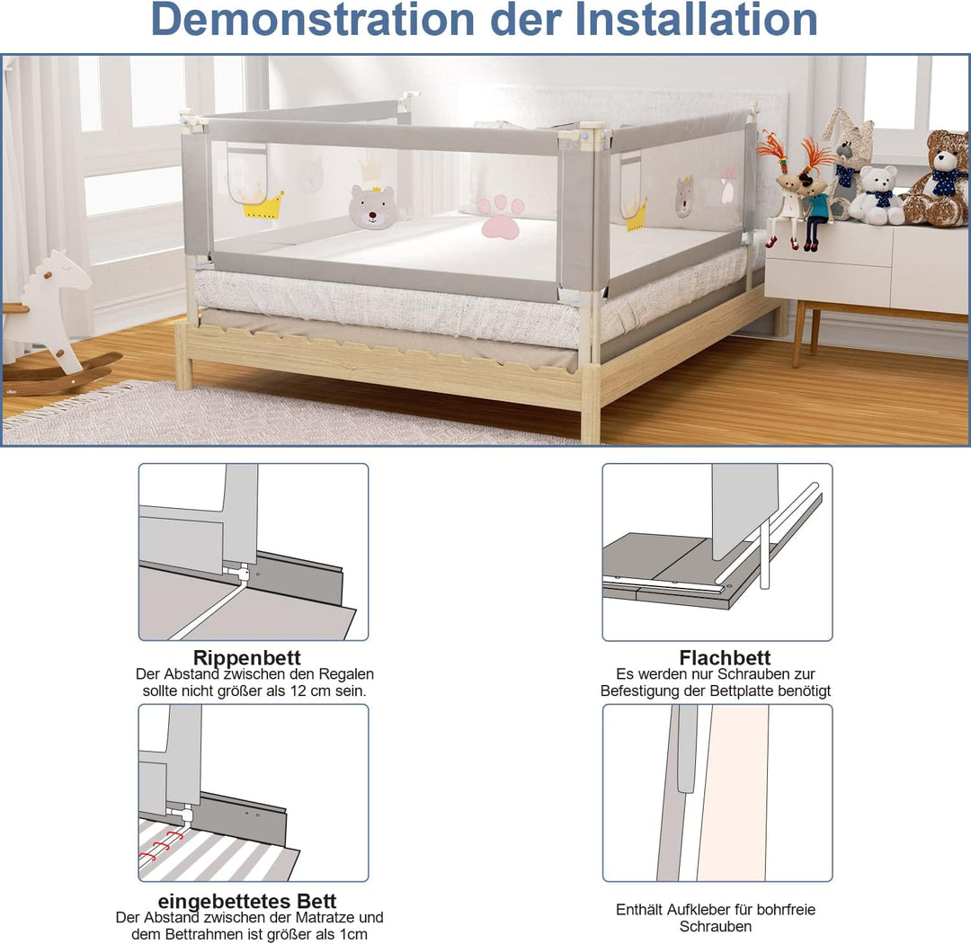 Herrselsam 180 cm Kinder bettgitter, Bettschutzgitter Höhenverstellbar, Rausfallschutz Bett für Kind