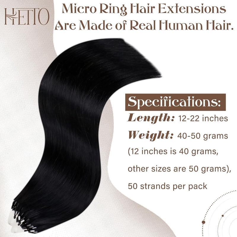 Hetto Microring Extensions Echthaar Schwarz 55CM Haarverlängerung Micro Loop Extensions Remy Extensi