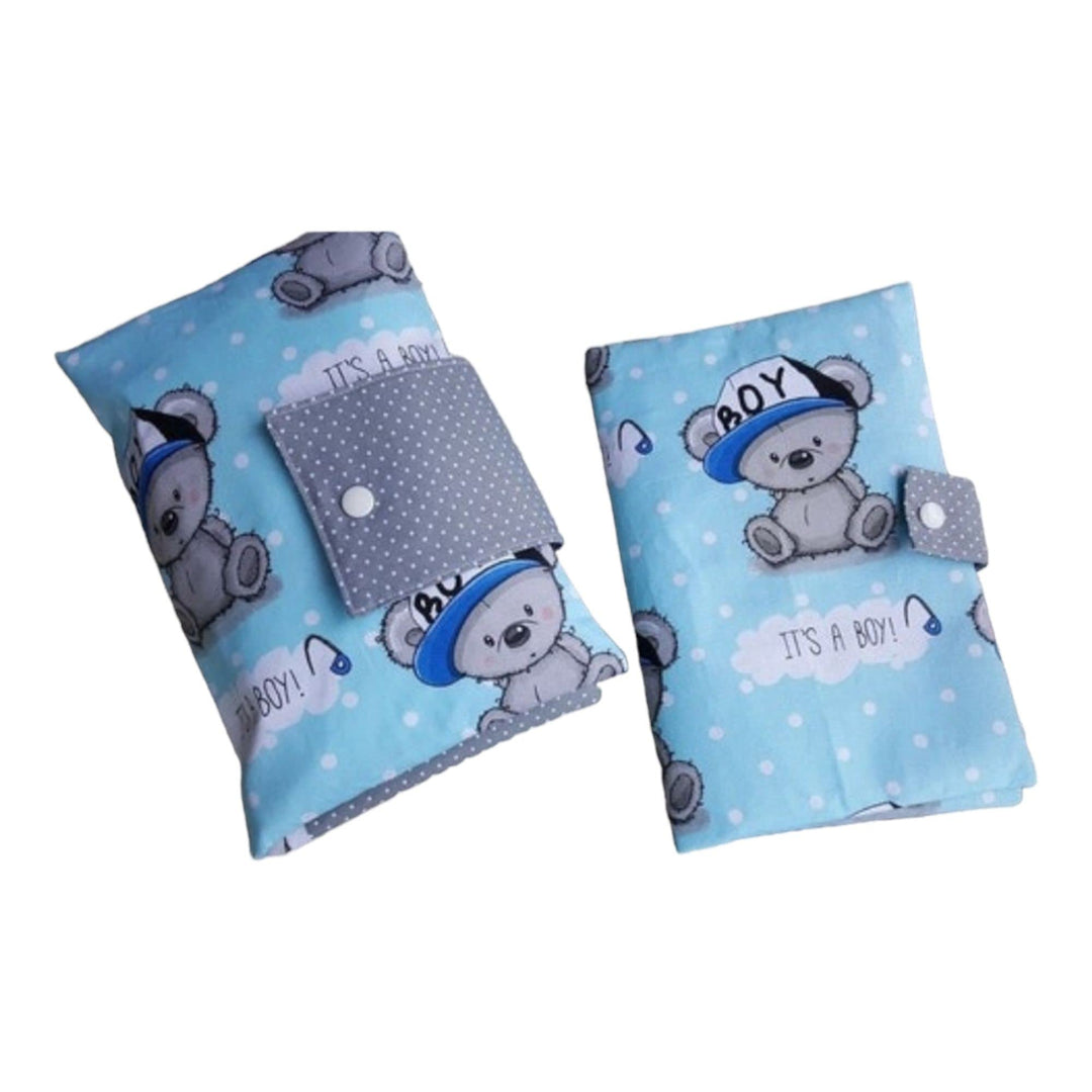 Set: Windeltasche und U-Heft-Hülle Teddy Bärchen blau grau Babygeschenk Geburt