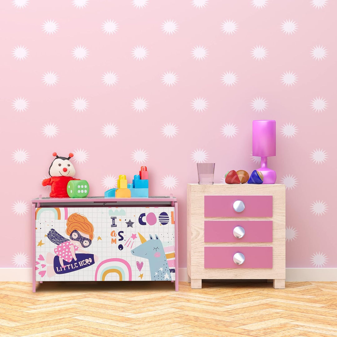 Relaxdays Spielzeugtruhe, mit Heldin-Motiv, Spielzeugkiste mit Deckel, HBT: 39x60x36,5 cm, MDF, Spie