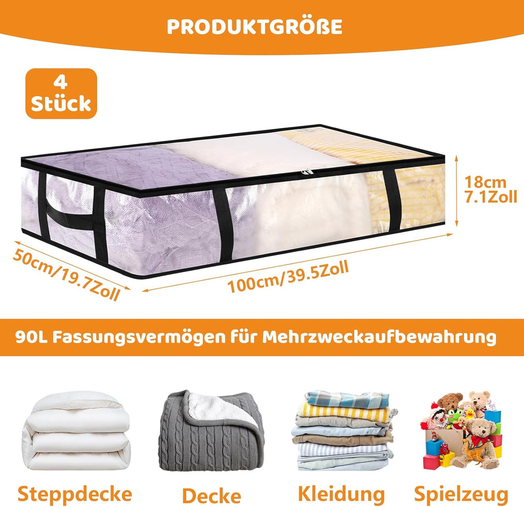 4 Stück 90L Unterbett Aufbewahrungsbox mit Deckel Gross, Transparente Unterbettkommode Faltbare Aufb