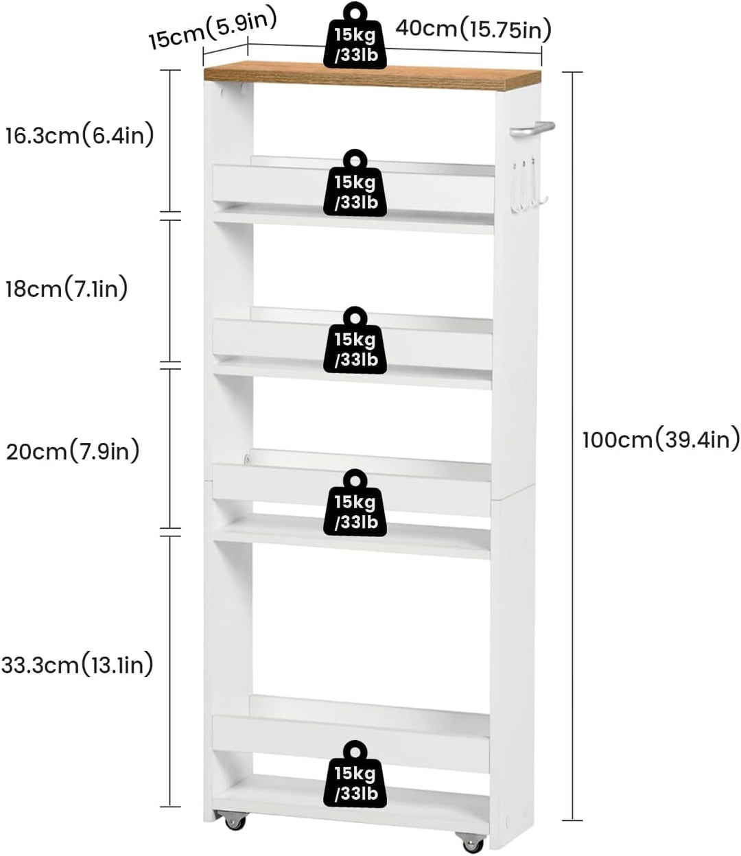 Nischenwagen 15cm breit, 5 Etagen Küchenwagen schmal, Nischenregal auf Rollen, Servierwagen mit Grif