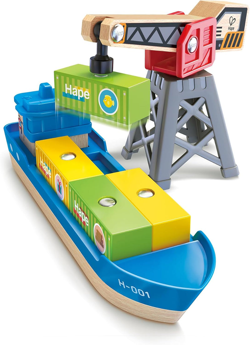 Hape Frachtschiff & Hafenkran, Eisenbahn-Set, ab 3 Jahren