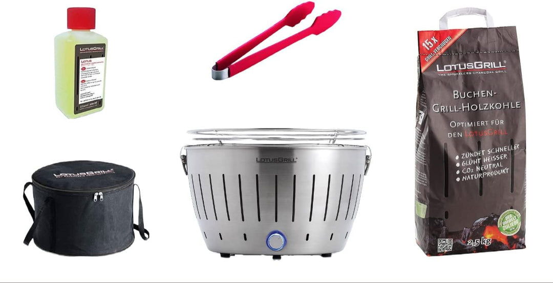 LotusGrill Starter-Set Classic 1x Grill Edelstahl mit USB-Anschluss, 1x Buchenholzkohle 2,5 kg, 1x B