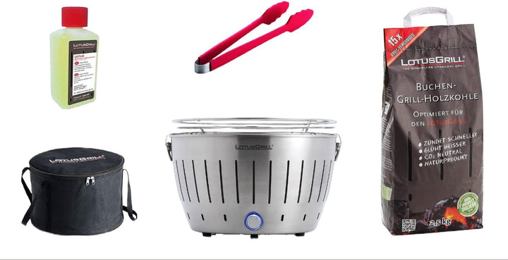 LotusGrill Starter-Set Classic 1x Grill Edelstahl mit USB-Anschluss, 1x Buchenholzkohle 2,5 kg, 1x B