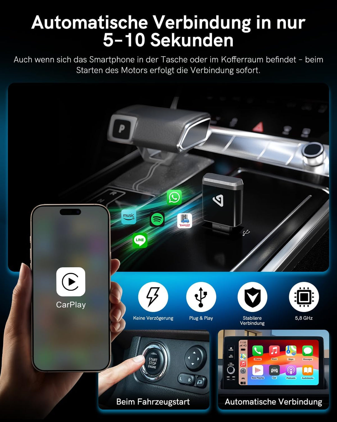 Wireless Carplay Adapter, 2 in 1 Android Auto&Carplay Wireless Adapter, Upgrade von Wired CarPlay au