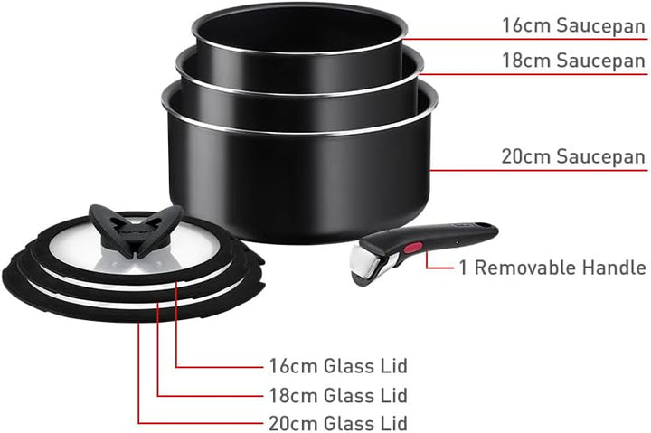 Tefal Ingenio Easy ON Try-Me Pfannenset, 7-teilig, stapelbar, abnehmbarer Griff, platzsparend, antih