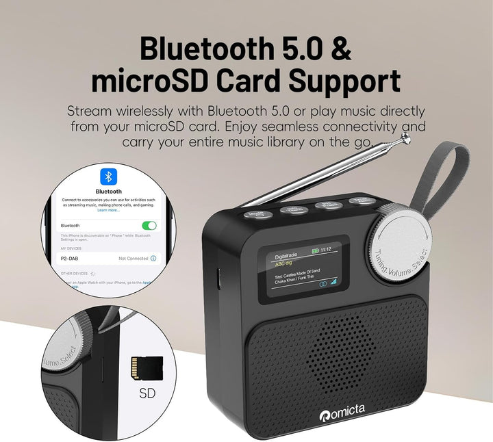 DAB/DAB+ Radio mit Bluetooth 5.0, tragbares Digitalradio mit UKW, Farbdisplay, MicroSD-Karten-Slot,