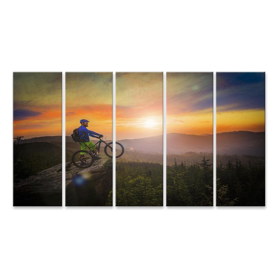 islandburner Bild auf Leinwand Mountainbiker Sonnenuntergang auf Fahrrad MTB Cross Country Downhill