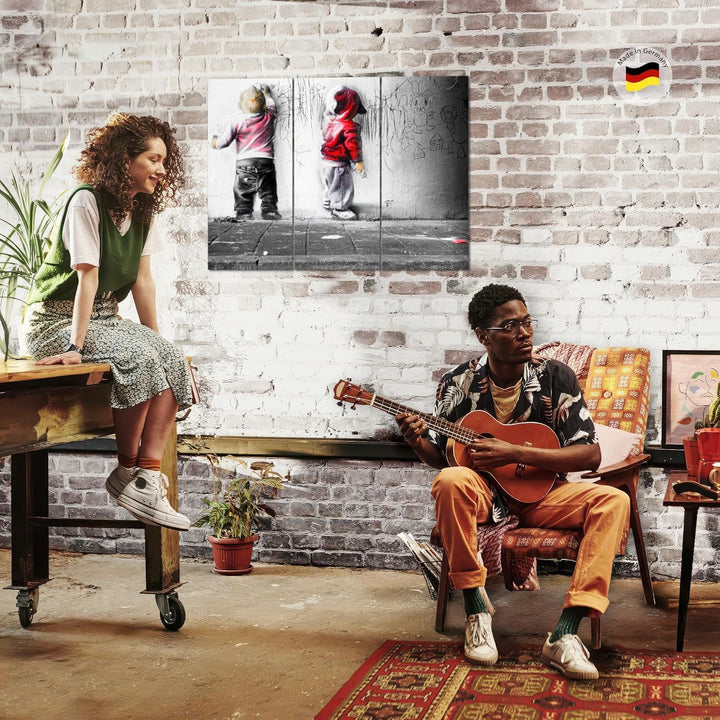 Runa Art Wandbilder Banksy Kinder Bild XXL Babyzimmer Spielzimmer Bunt Streetart 120 x 80 cm 3 Teili