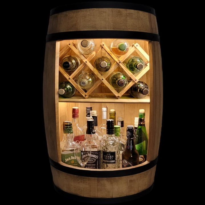 weeco Fassbar mit Weinhalter und LED Beleuchtung - Holzfass Hausbar 80cm. Rustikaler deko Barschrank