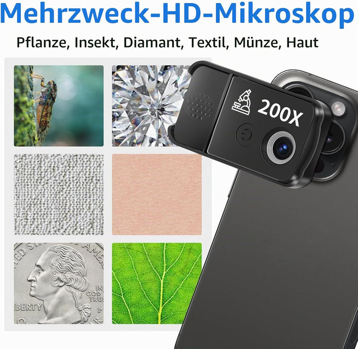 Handy Mikroskop, 200x USB Mikroskopen mit LED, Mini-Mikroskop für Smartphone Kamera, HD Digital Mikr