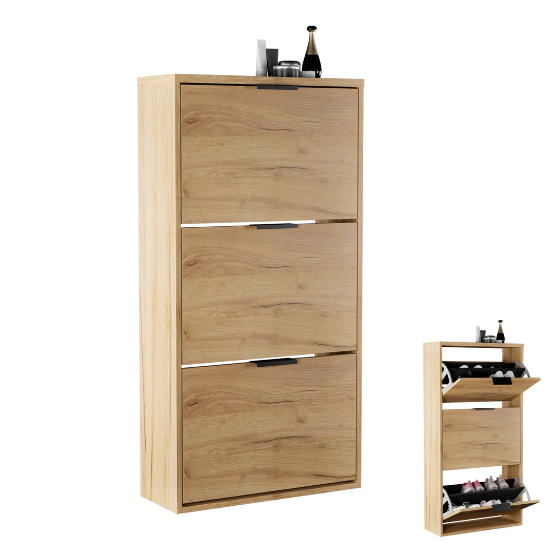 Planetmöbel Schuhschrank schmal mit 3 Klappen platzsparender Schuhregal mit 6 Ablagen, Schuhkommode