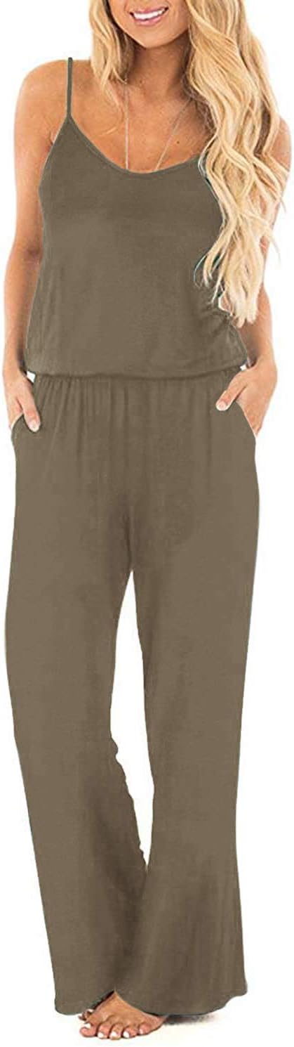 OUGES Damen Sommer Ärmellos Jumpsuit Overall Lang Hosenanzug Casual Playsuit Romper mit Taschen M Ka