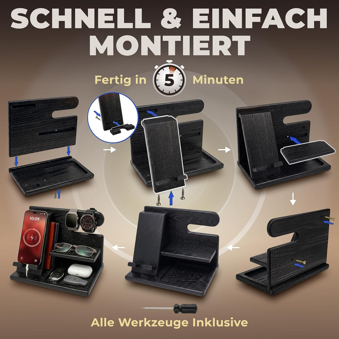 TESLYAR Holz Telefon Dockingstation Männer Esche Schwarz - Schreibtisch Organizer Holz, Handy &amp; Schl