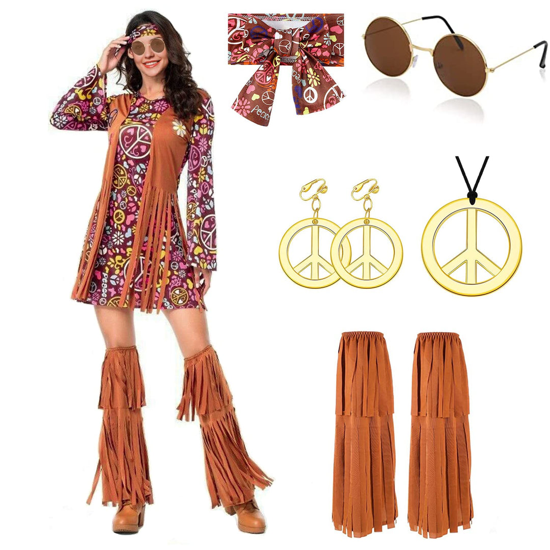 YADODO Hippie Kostüm Damen Kleid Set 70er Jahre Bekleidung Damen 70er Jahre Kostüm Damen FaschingsKo