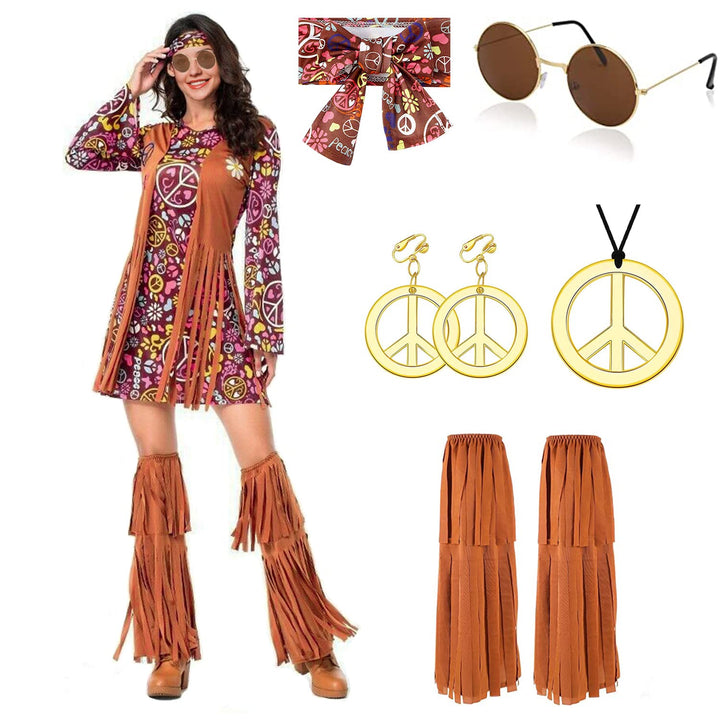 YADODO Hippie Kostüm Damen Kleid Set 70er Jahre Bekleidung Damen 70er Jahre Kostüm Damen FaschingsKo