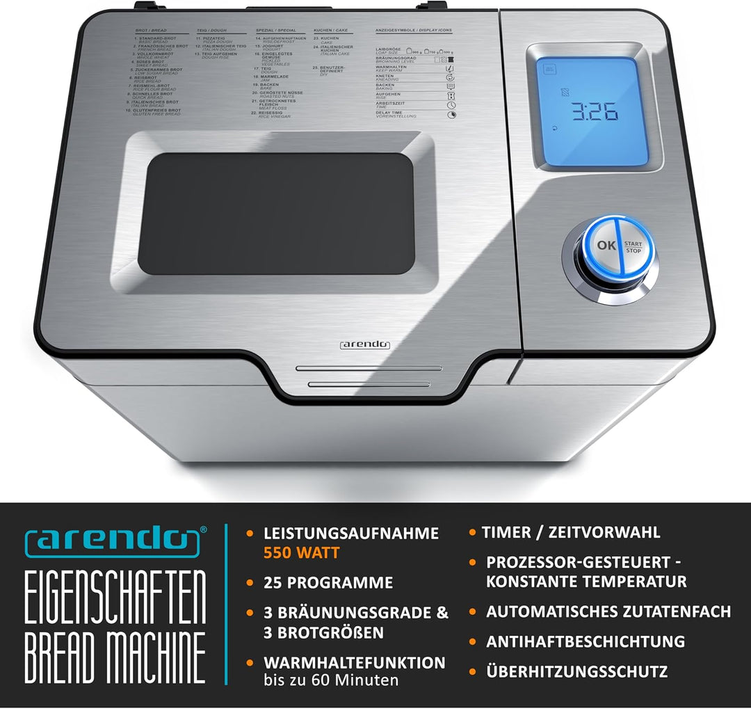 Arendo - Brotbackautomat inkl. automatisches Zutatenfach - Brotbackmaschine - 25 Programme - glutenf