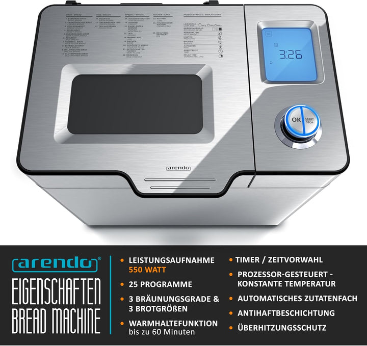 Arendo - Brotbackautomat inkl. automatisches Zutatenfach - Brotbackmaschine - 25 Programme - glutenf