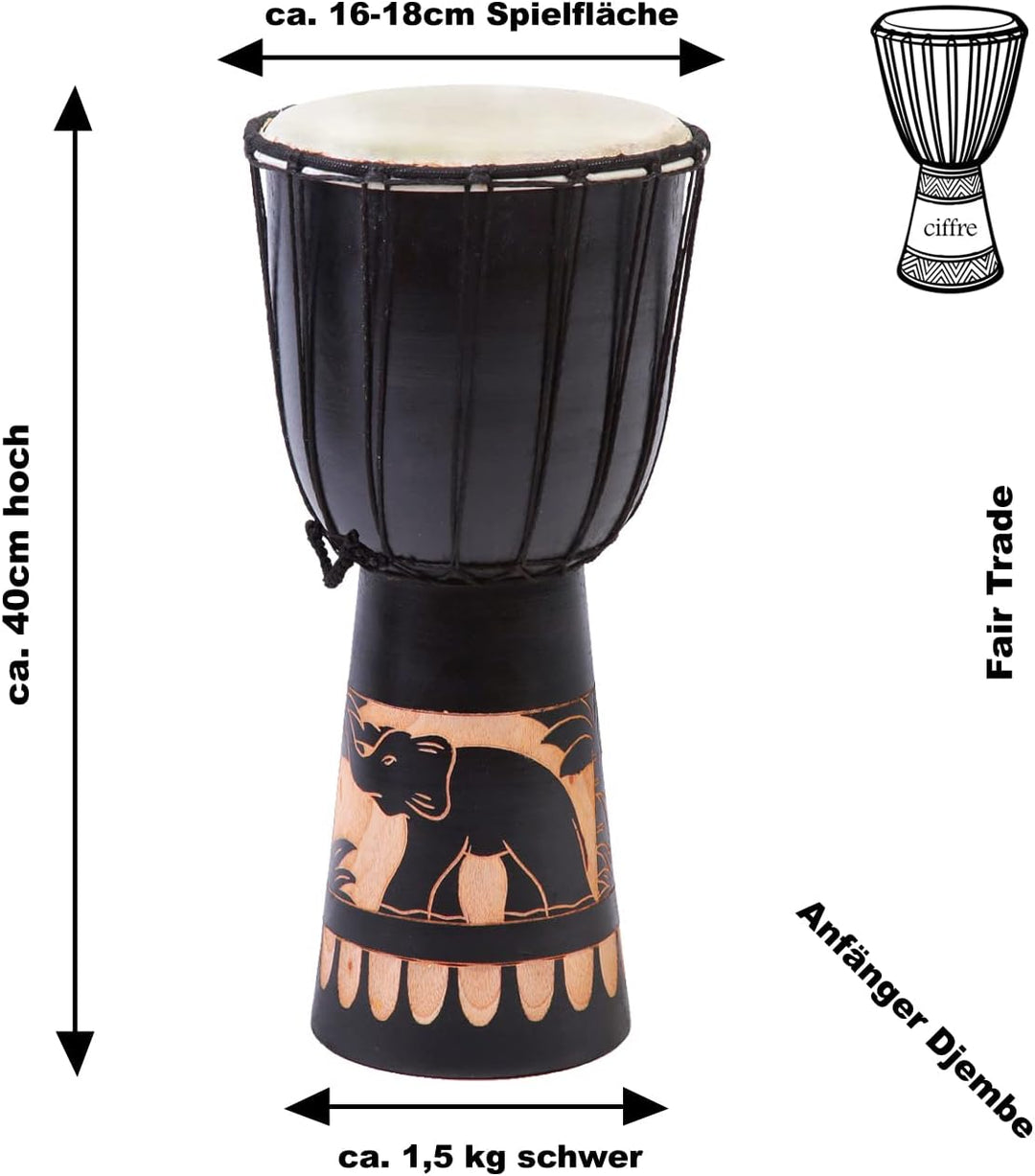 40cm Grosse Djembe Trommel Bongo Drum Elefant Schwarz Fair Trade
