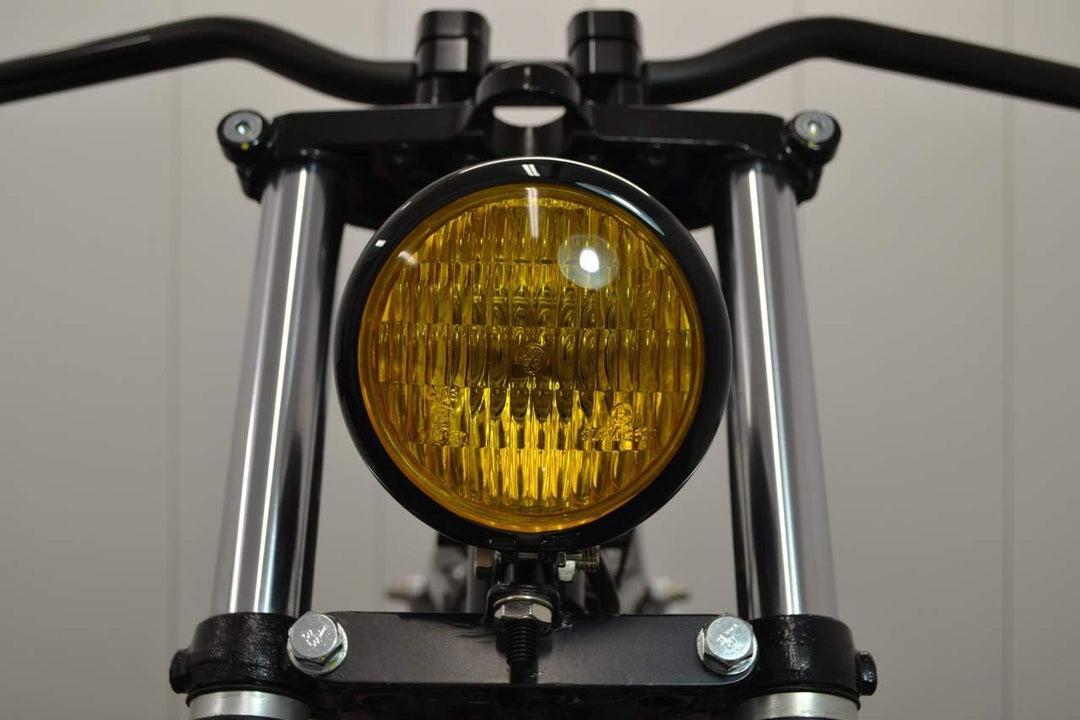 120 mm Universal-Motorradscheinwerfer in SCHWARZ mit gelber Linse für Chopper, Bobber, Cafe Racer, S