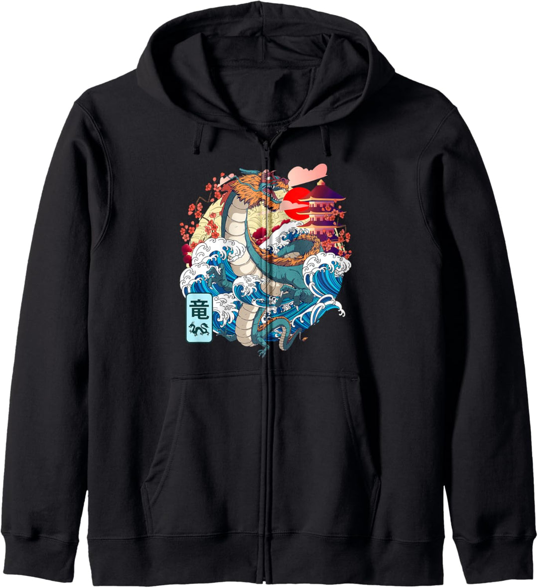 Japanischer Drache, grosse Welle Kanagawa Japanische Vintage-Kunst Kapuzenjacke