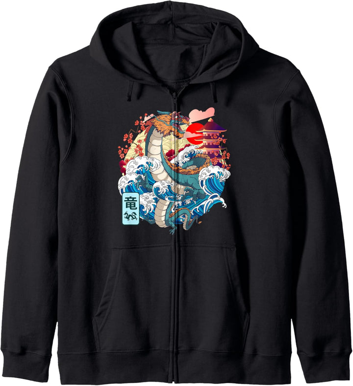 Japanischer Drache, grosse Welle Kanagawa Japanische Vintage-Kunst Kapuzenjacke
