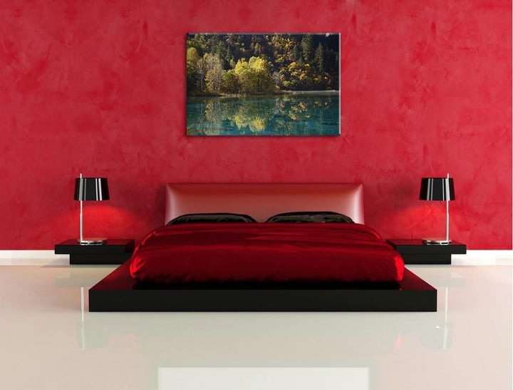 herbstlicher Wald am See Leinwand, XXL riesige Bilder fertig gerahmt mit Keilrahmen, Kunstdruck auf