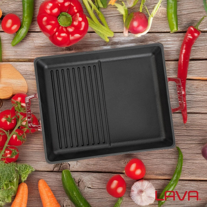Lava Gusseisen-Doppelseiten-Grillpfanne 26x32 cm – emaillbeschichtet, vielseitig genutzt, herd- und