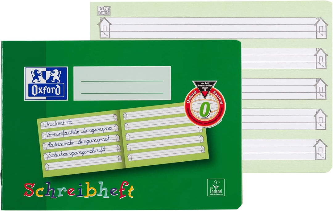Oxford Schreibheft, A5 quer, Lin. 0 (1. Klasse), 16 Blatt, grün, 10 Stück & Schulheft A5, Lineatur 7