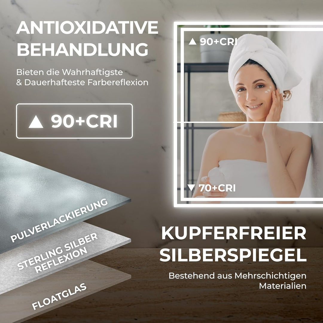 BR Bringer LED Badspiegel - 100x60 cm - Badezimmerspiegel mit Beleuchtung und Anti-Beschlag Funktion