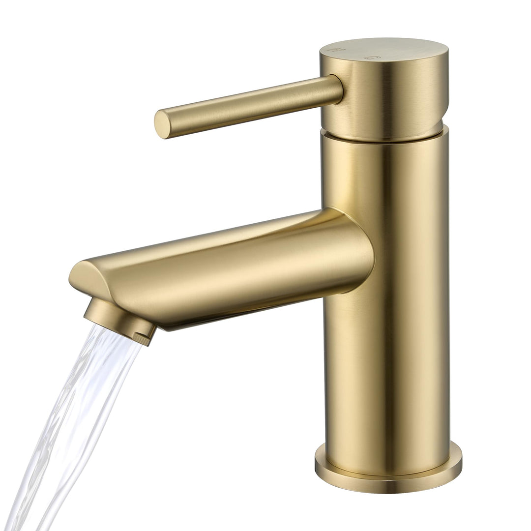 KPW Waschtischarmatur Edelstahl Gebürstet Gold – Bad Wasserhahn mit 79mm Auslaufhöhe, Einhand-Mischb
